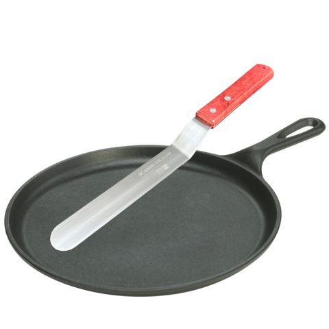 Lot poêle crêpe et spatule coudée en inox